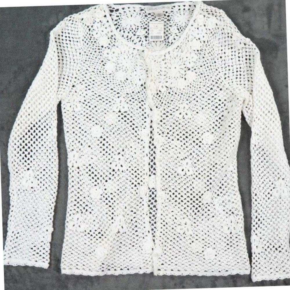 Casual Corner Cardigan Womens L White VTG Crochet Floral Cottagecore